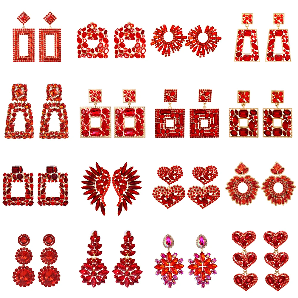 Wholesale Red Crystal Series Long Dangle Earrings for Women High-quality Rhinestone Pendant Luxury Wedding Jewelry Accessories