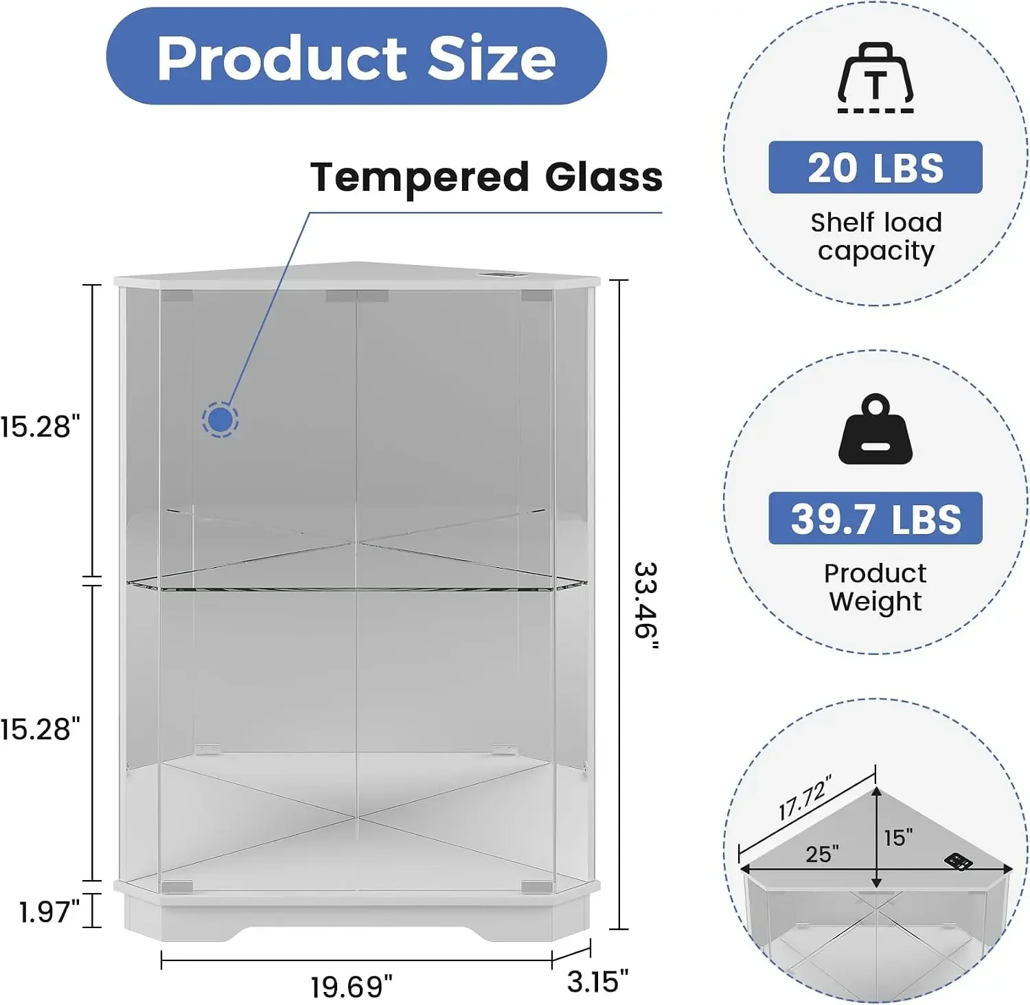 Small 2-Tier Corner Display Cabinet with Glass Doors | Curio Showcase with 3-Color LED Lights & Charging Station, Modern Triangl