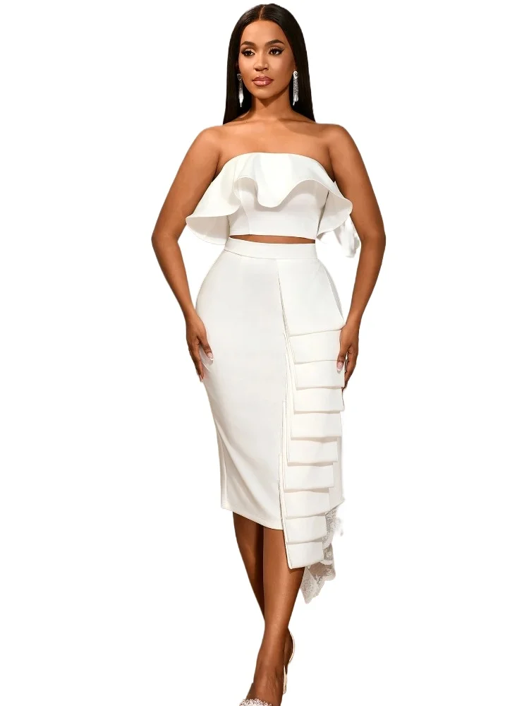 

White Dress Sets Strapless Ruffled Crop Top Asymmetric Ruffle Trimmed Midi Skirt Elegant for Party Evening Formal Occasions