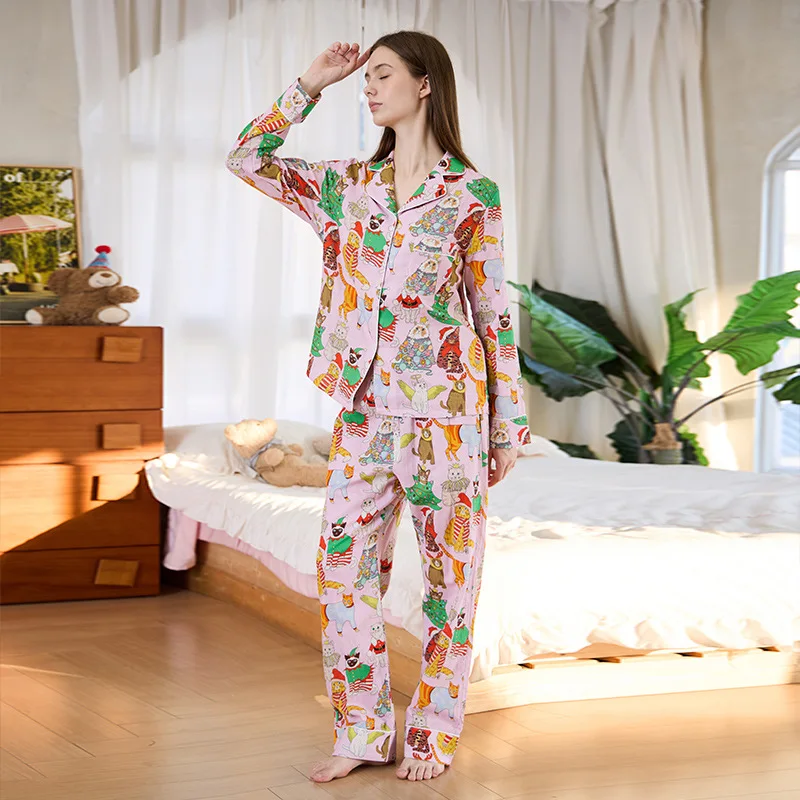 HELLOMARCEL Pink Meow Warm Home Double-Layer Gauze Loungewear For Women Autumn Long-Sleeved Pajama Set