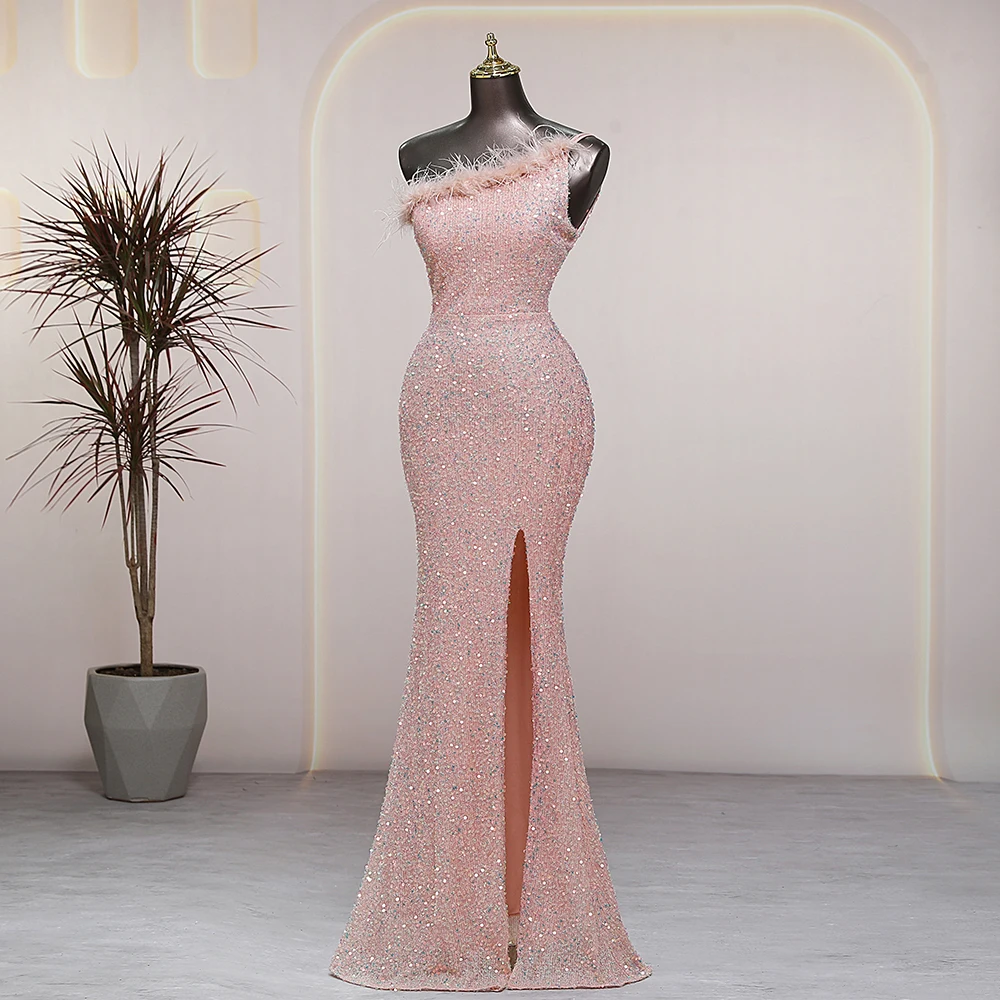 One-Shoulder Sequins Long Mermaid Pink Side Slits Fur Collar Evening Dress Women Prom Party Dresses  robes de soirée Bride Dress