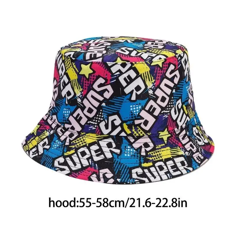 39BB Reversible Graffiti Print Bucket Hat Breathable Double Printed Wide Brims Bucket Hat Adult Summer Spring Fisherman Hat