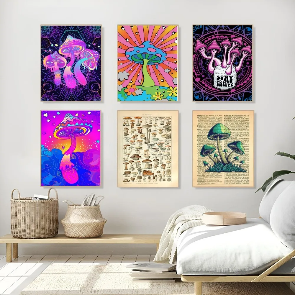 1PC Psychedelic Mushrooms Poster Self-adhesive Art Waterproof Paper Sticker Coffee House Bar Room Wall Decor