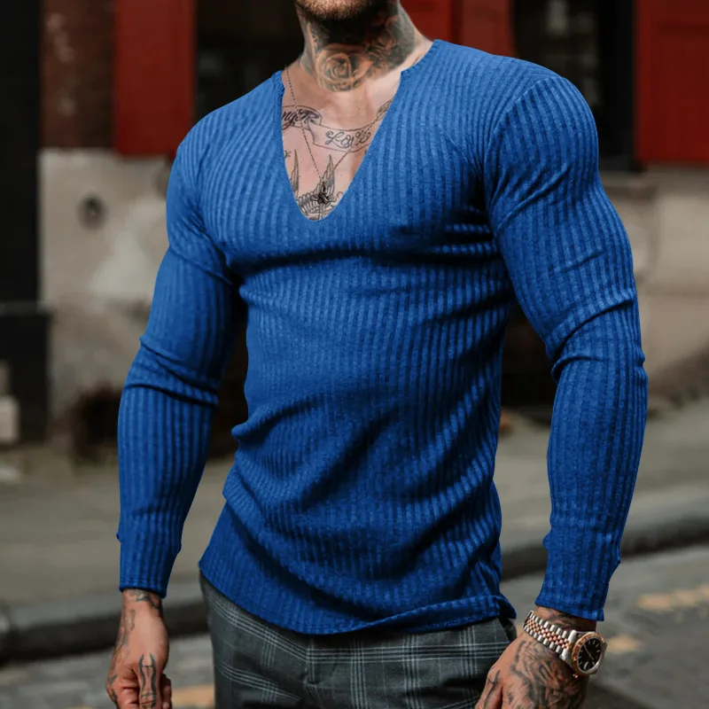 

Мужская облегающая трикотажная футболка Long Sve V-Ne, винтажная, универсальная, базовый слой, модная повседневная одежда