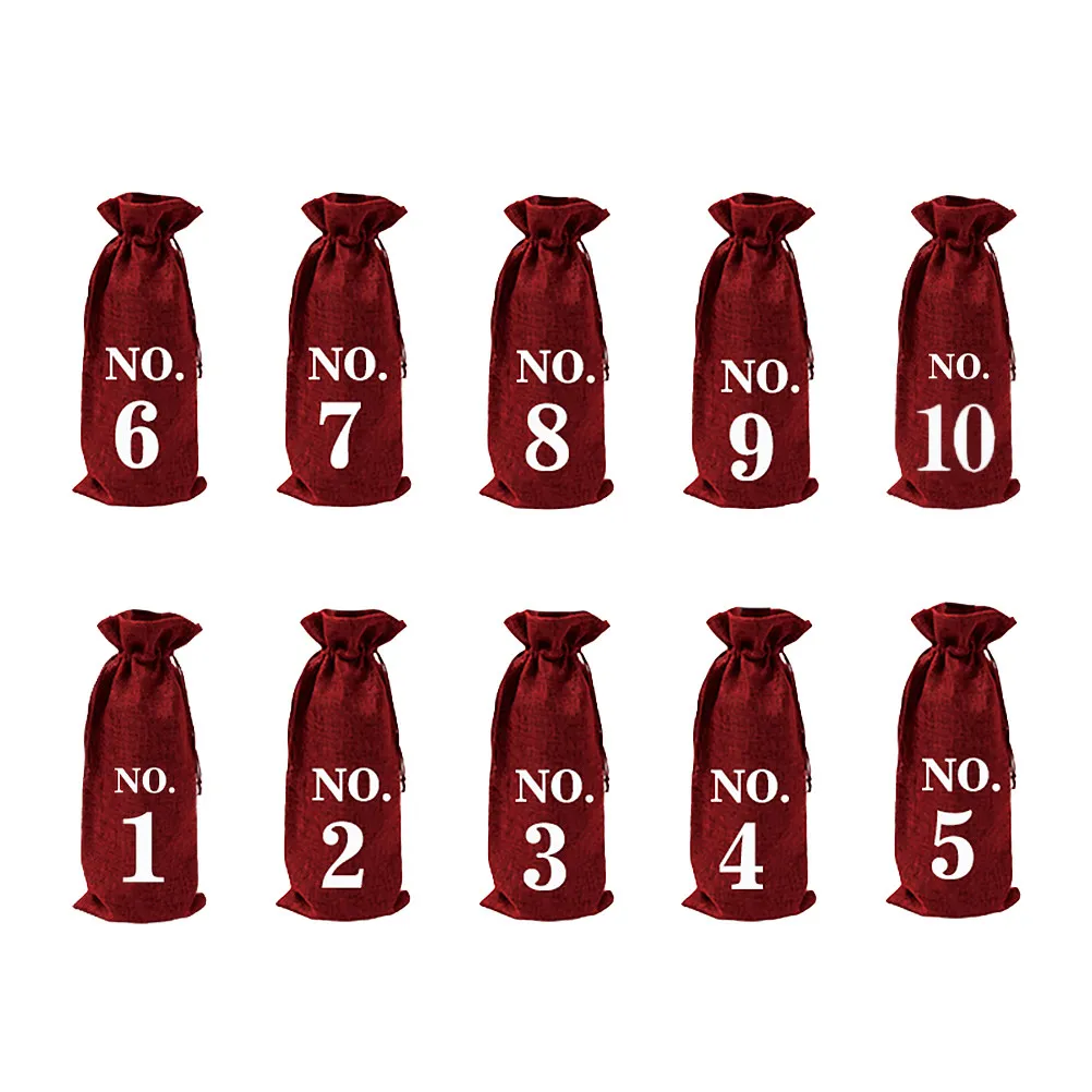 

10Pcs Drawstring Wine Bottle Bags Jute Material Gift Set with Numbered Design for Christmas Thanksgiving Celebration