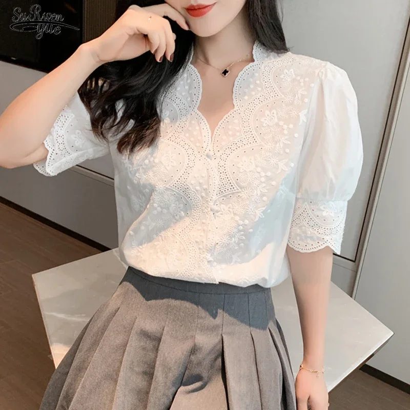 Casual White Tops Embroidery Lace Spring Femme Shirt Girls Blouse Women Short Sleeve Linen Cotton Loose Women Blouses 13102