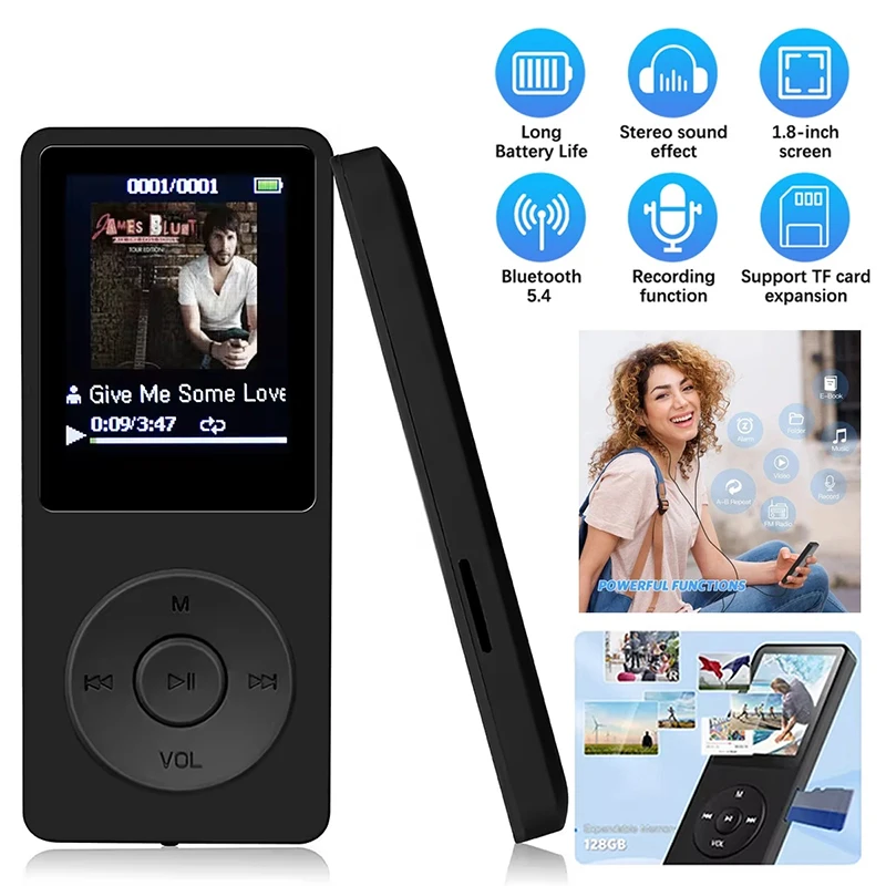 MP3 Portable MP3 Player HiFi Music Walkman Bluetooth 5.4 Support Two-Way Transmission FM Radio Voice Recorder Ebook Auto Browse