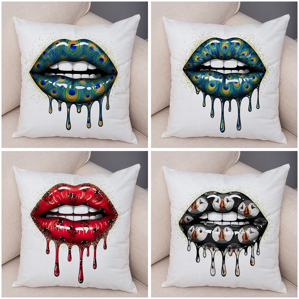 Bold Lip Art Pillowcase Double Print Leopard Pattern Cushion Cover Soft Plush Vibrant Design Pillow Case for Sofa Home Car