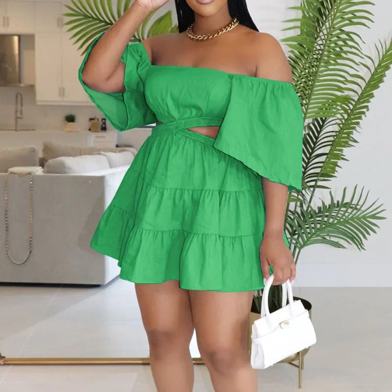 Sexy Off the Shoulder A-line Summer Dress Women 2024 Cut Out Short Sleeve Ruffles Holiday Party Club Mini Dress Vestito Donna