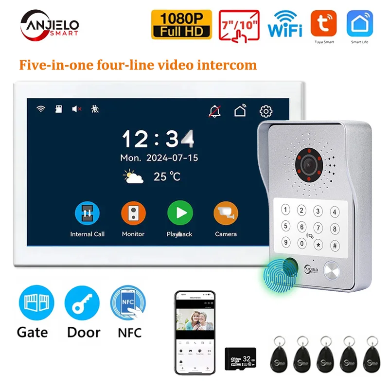 Angelelo 1080P Tuya Wifi Walkie-talkie Impronte digitali 5 in 1 Sblocco 7 pollici Home Touch Screen Video Walkie-talkie Sistema di sicurezza