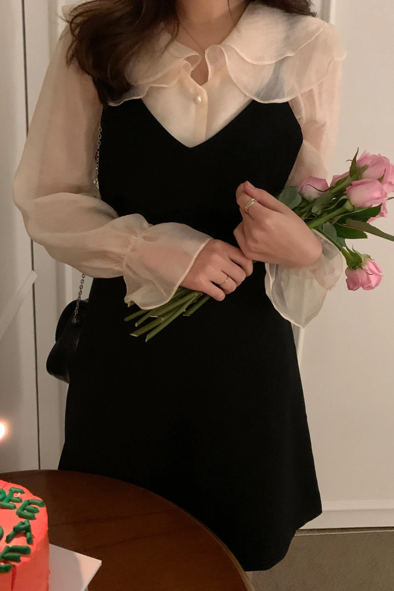 เกาหลี Sle ยาว Sve หวานตุ๊กตาผู้หญิง irt กับกระโปรงจีบฤดูใบไม้ผลิอเนกประสงค์เดินทางเอวสูง A-Line D...