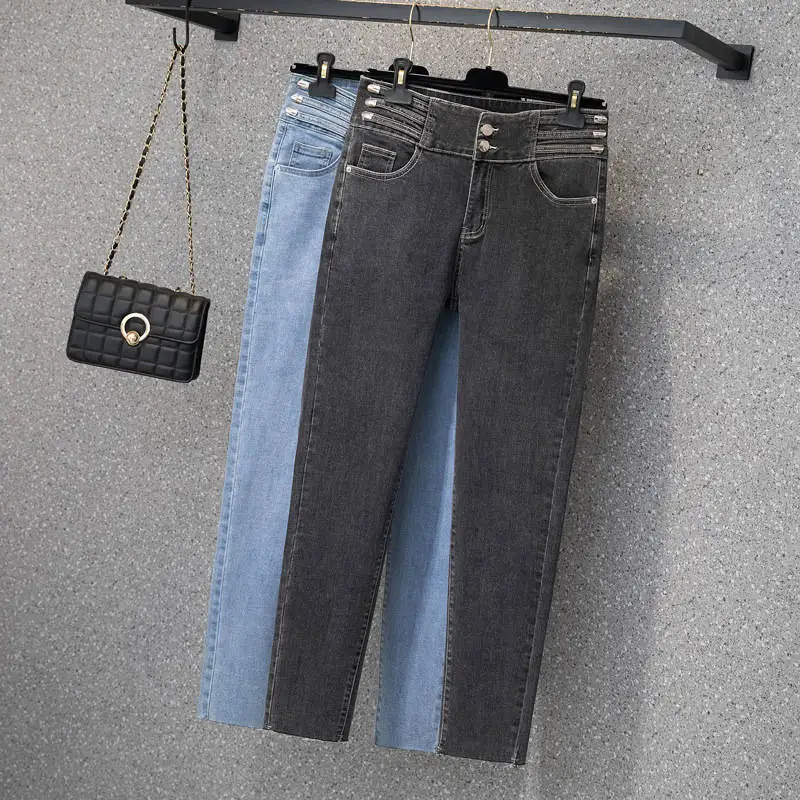 

Spring Large Size Women's High Waist Jeans Slim Stretch Jeans Black Blue Denim Trousers Vintage Casual Pencil Pants Women C8071