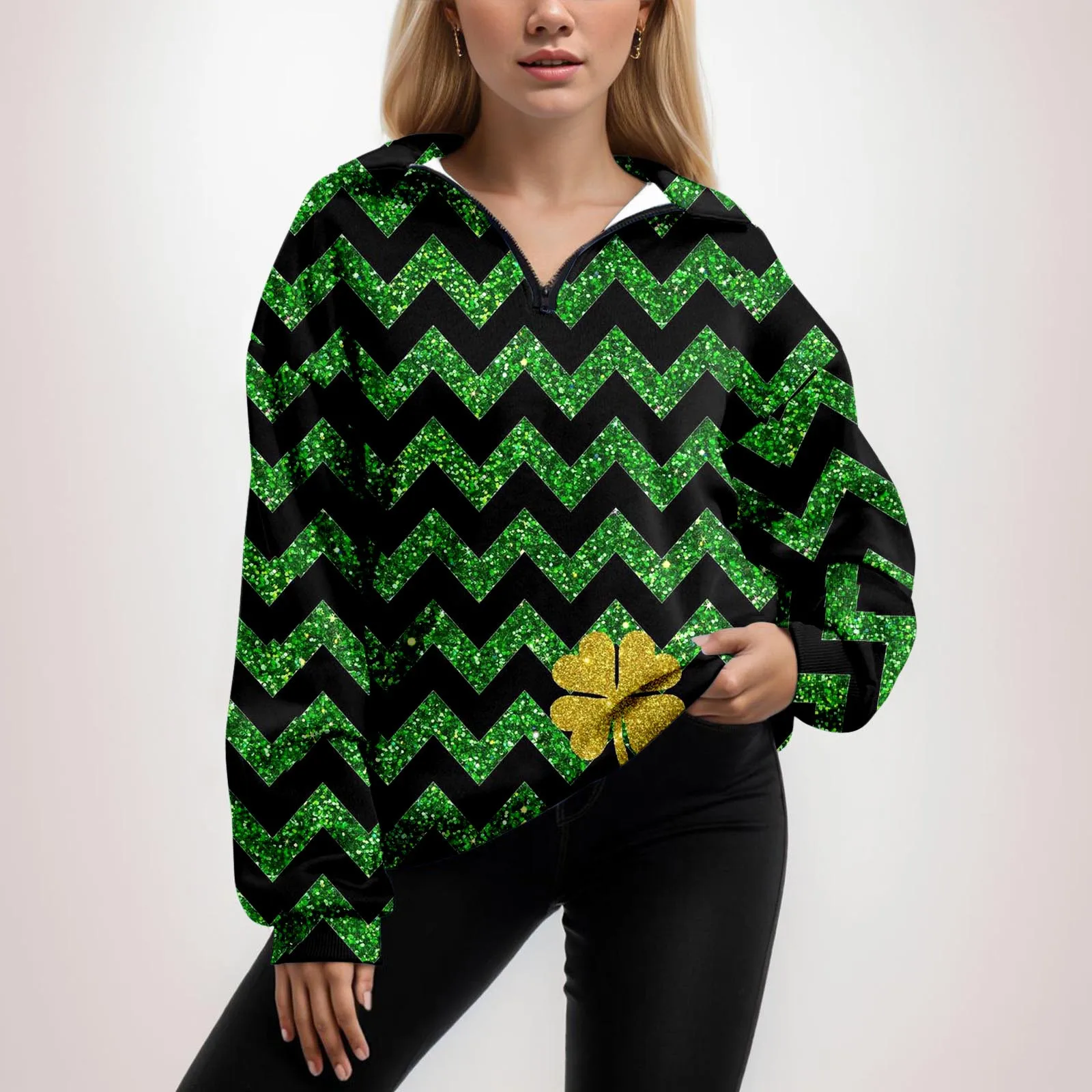 Womens Fashion Oversized Half Zip Pullover Long Sleeve St Patricks Day Print Sweatshirt ropa mujer Running