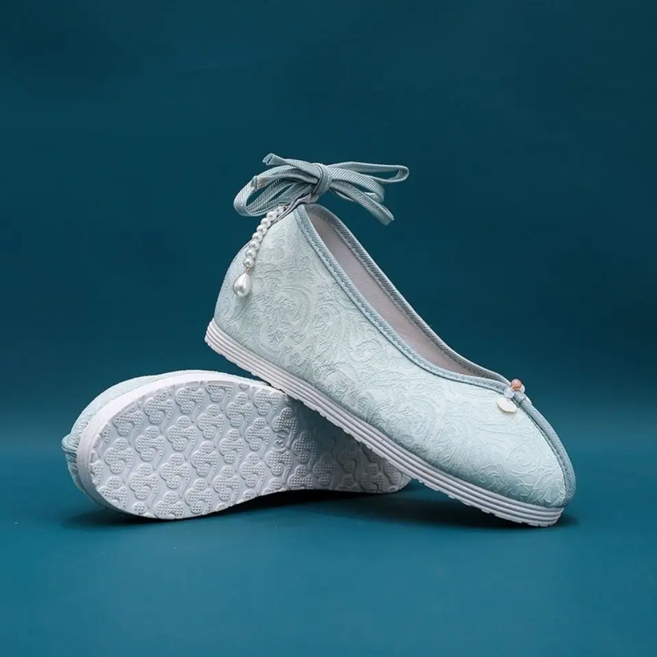 Women's Shoes Plain Pearl Accessories Shoes Floral Flat Bottomed Inner Raised Cloth Shoes Walking Sh oes Hanfu Han Props