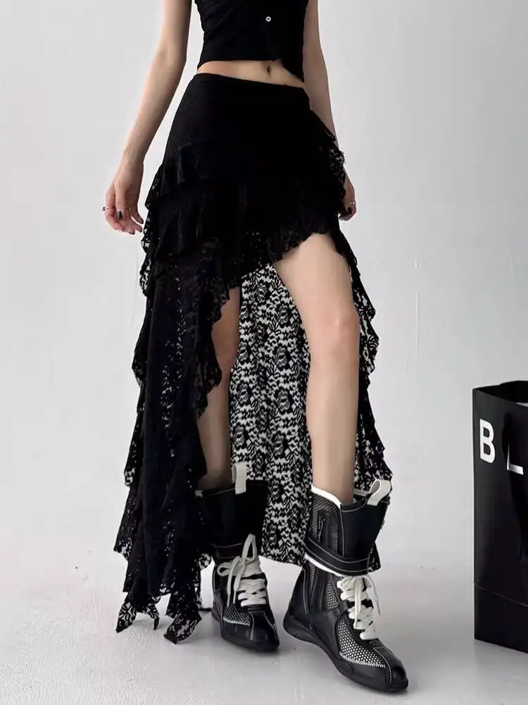 Gothic Punk Women's New High Waist Skirts 2026 Spring Summer French E-girl Asymmetrical Lace Patchwork Streamer Skirts
