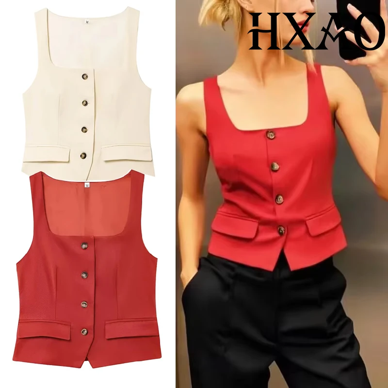 

HXAO 2025 Women's Vest New Outerwear Cropped Sleeveless Vest Women Button Jacket Casual Summer Suit Vest For Woman Waistcoat