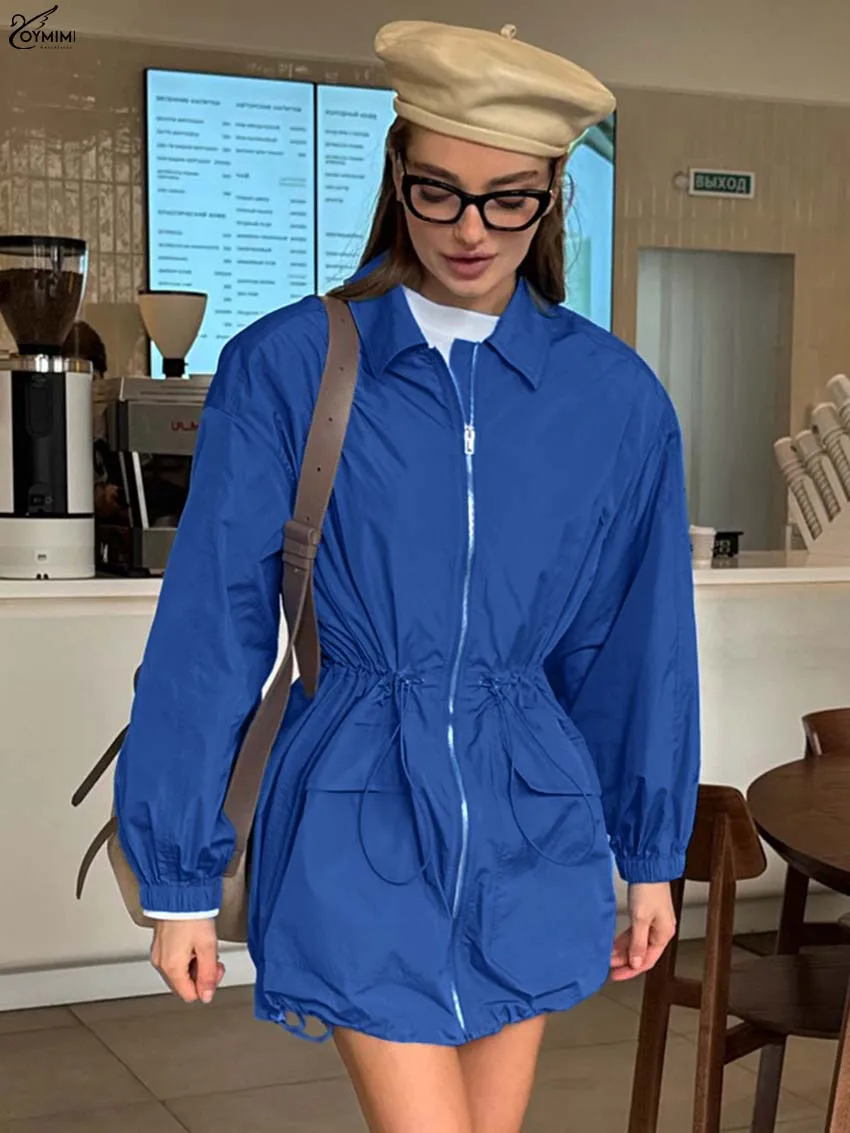 

Oymimi Fashion Blue Nylon Womens Dresses Elegant Lapel Long Sleeve Zipper Dress Autumn Drawstring Pockets Mini Dress Streetwear