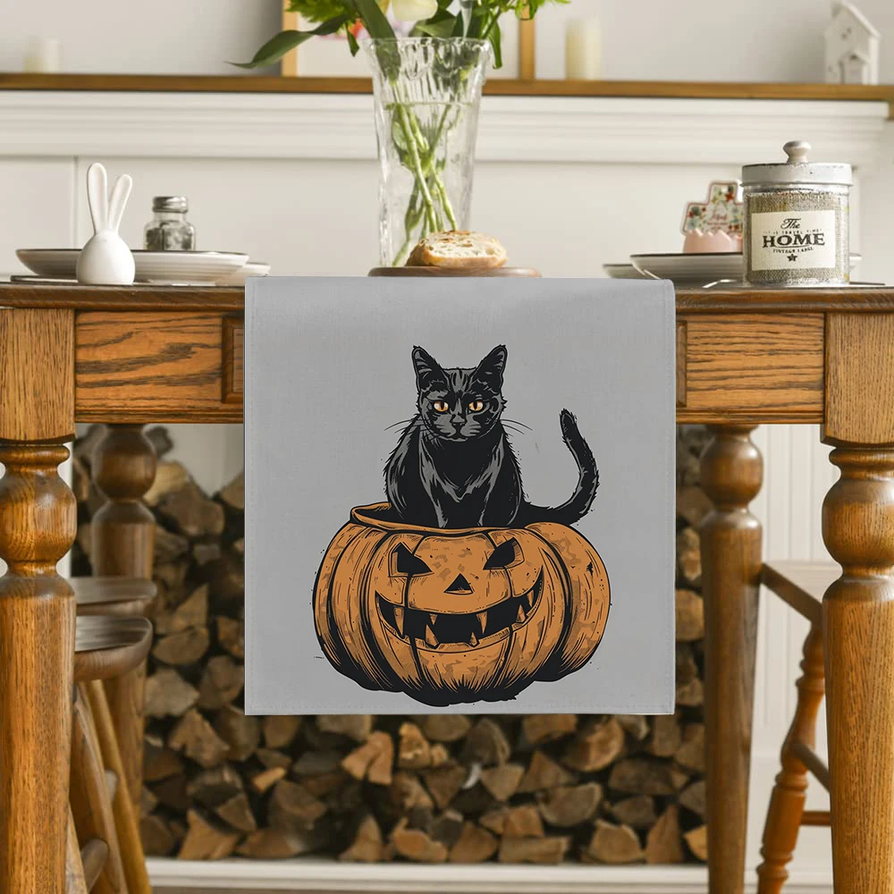 Halloween Cat Pumpkin Head Table Runners Dresser Decor for Kitchen Holiday Party Table Runner Washable Dining Long Cloth