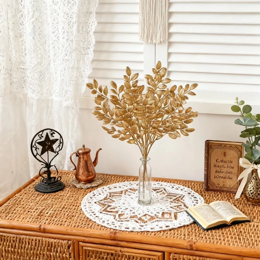 

10Pcs Artificial Plant Golden Leaves NewYear Valentine Home Room Decora Outdoor Wedding Garden Vase Garland Wreath DIY Gifts Box