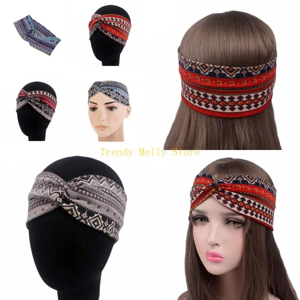

N5KB Женская широкая повязка на голову с этническим принтом, витой тюрбан, эластичная повязка для волос Bea