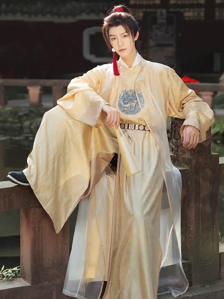 Traje de Hanfu chinês antigo para homens, saia superior e cinto, manto de samurai, hanfu, artes marciais, impressão do dragão, roupa de peixe voador