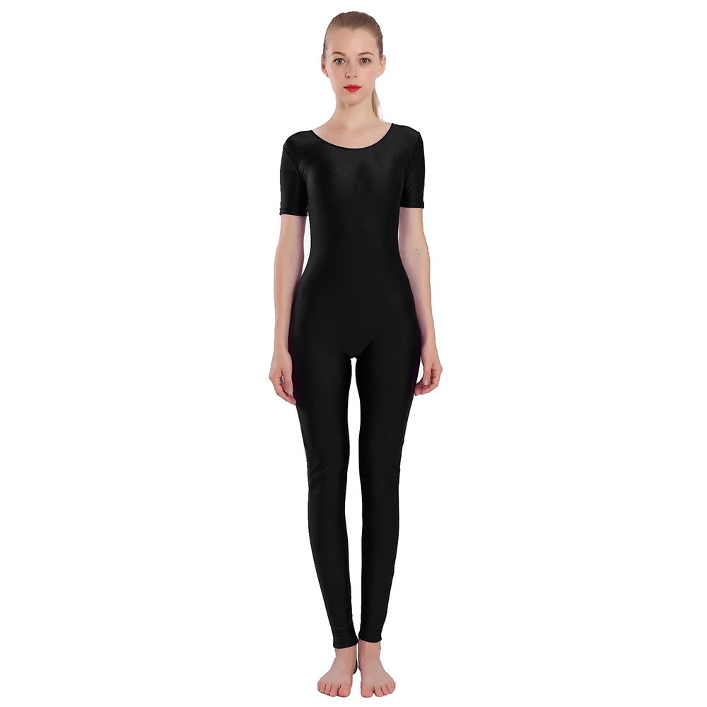 AOYLISEY Women Black Short Sleeve Unitard One-Piece Spandex Full Body Scoop Neck Spring Jumpsuit Men for Adult Zentai Dance Wear