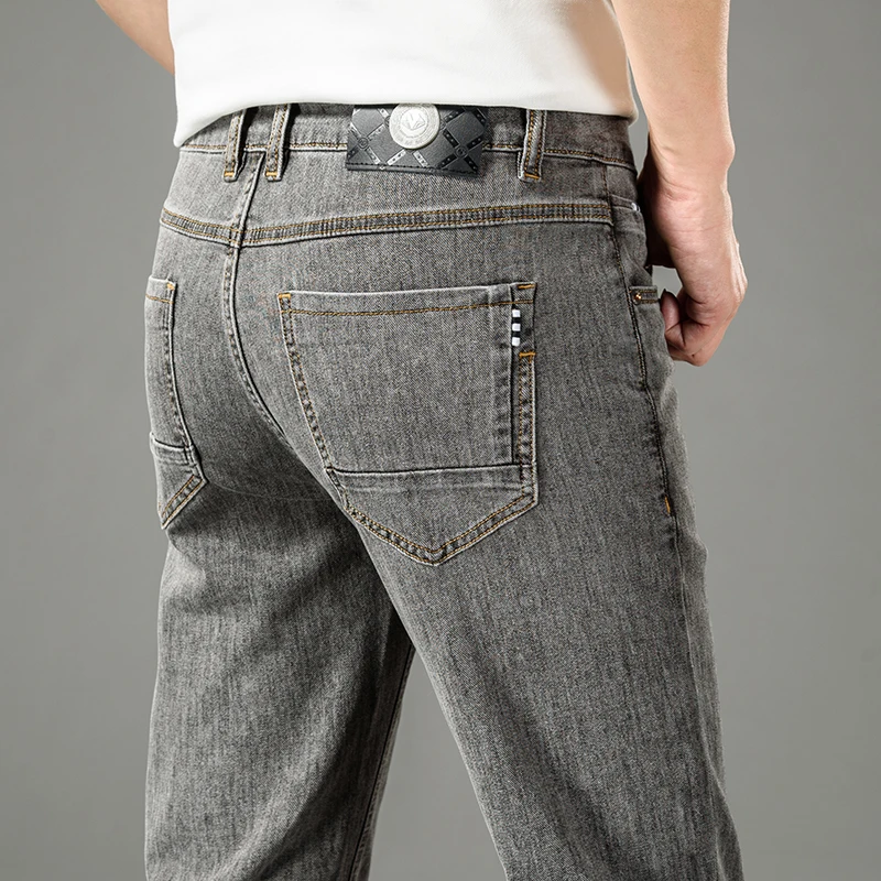 

2022 Spring Summer New Men's Light Blue Regular Fit Jeans Cotton Linen Fabric Casual Straight Grey Denim Trousers Male Brand