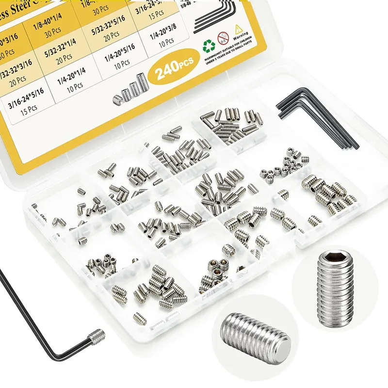 275Pcs Boxed Set Screws, 304 Stainless Steel Hex Socket Headless Grub Screws Assortment Kit M3-M8