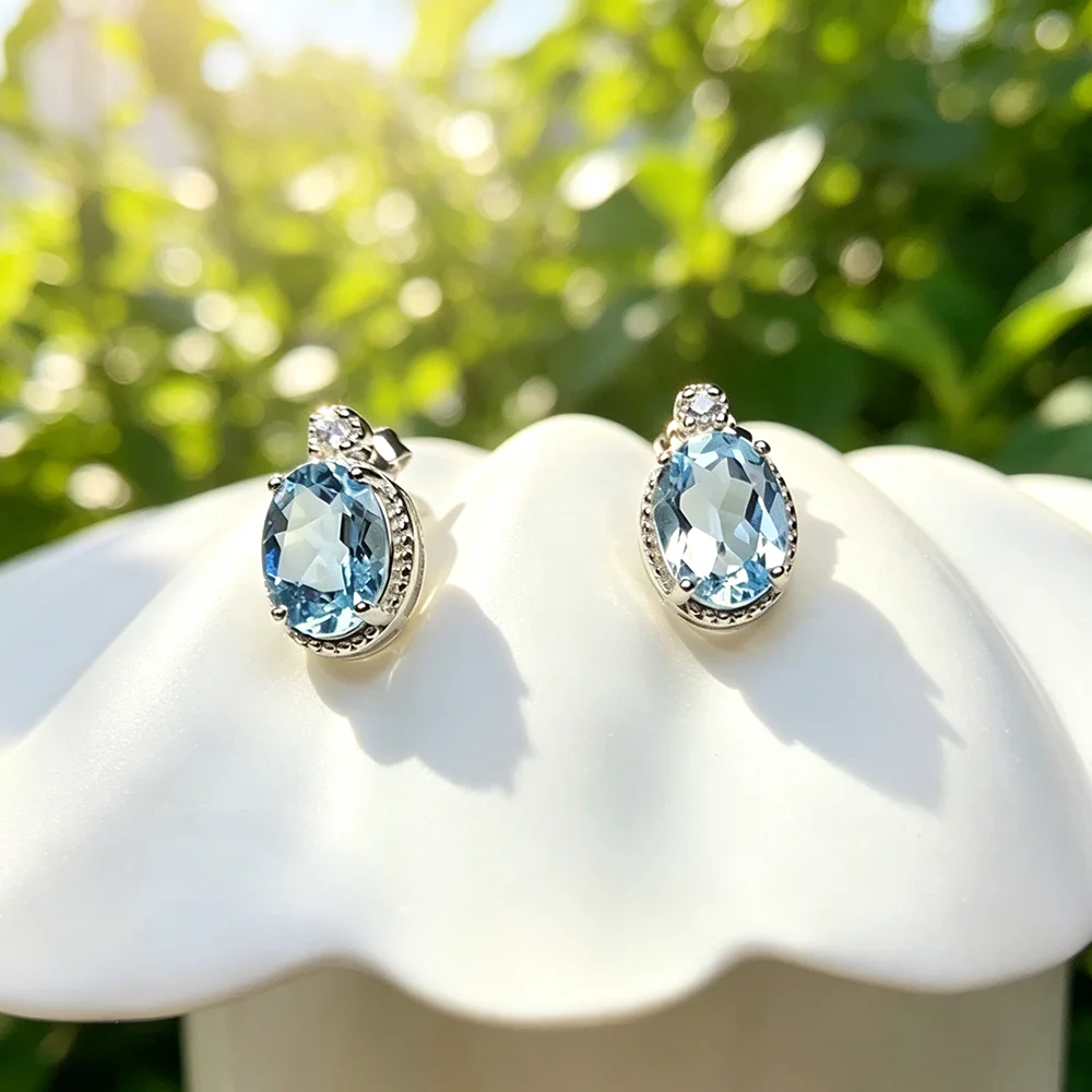Luxury Simple Blue Oval CZ Stud Earrings for Women Low-key Daily Wear Ear Jewelry Accessories for Teens Statement Piece