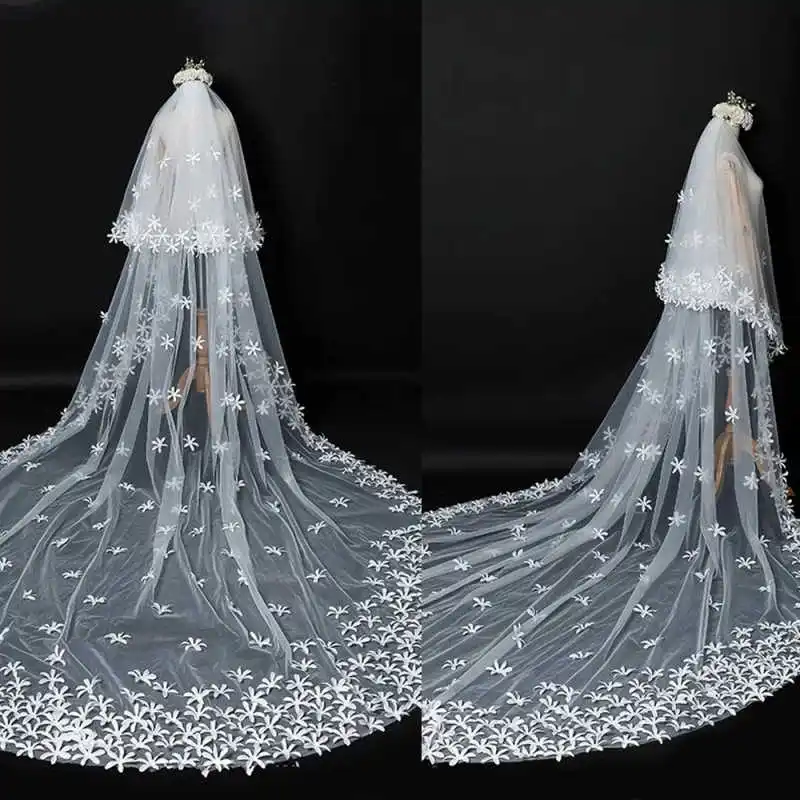 

Luxury Bridal Veils With Comb Two-Layer 3M Long Cathedral 3D Flower Tulle Lace Bride Veil Wedding Accessories