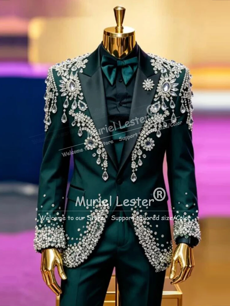 Terno Masculino de Luxo com Brilho, Bordado e Strass, Conjunto de 2 Peças (Blazer e Calça) para Baile de Formatura, Noivo, Casamento, Smoking Formal, Traje Masculino para Tapete Vermelho