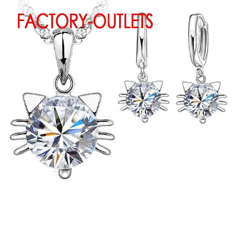 Genuine 925 Sterling Silver Necklaces Earrings Jewelry Sets Fashion Jewelry Cute Cat Design CZ Cubic Zirconia Women Girls Party