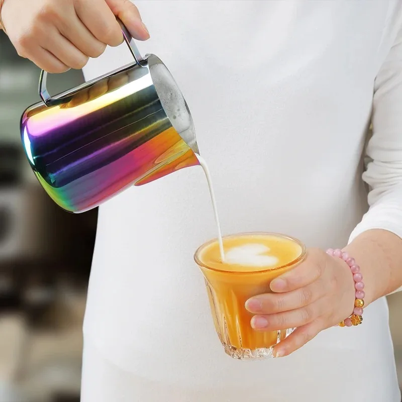 

Coffee stainless steel latte milk cup with pointed tip, milk frothing cup with scale, brewing pot, patterned embossing