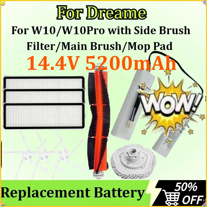 

For Dreame W10/W10Pro Robot Vacuum Replacement Battery 14.4V 5200mAh with Side Brush/Filter/Main Brush/Mop Pad Accessories