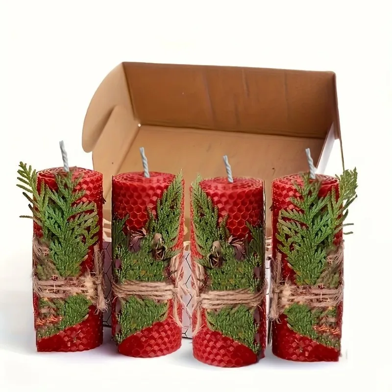 4pcs 100% Beeswax Candles Gift Box Set of 4 Natural Hand Rolled Pillar Candles for Gift and Home Decor,with Honeycomb Texture for Gift and Candle Decor