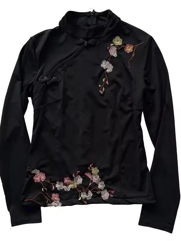 

New Chinese Style Long Sleeve Embroidered Shirt Women's Slim Fit Stand Collar Traditional National Retro Top Cotton Polyester