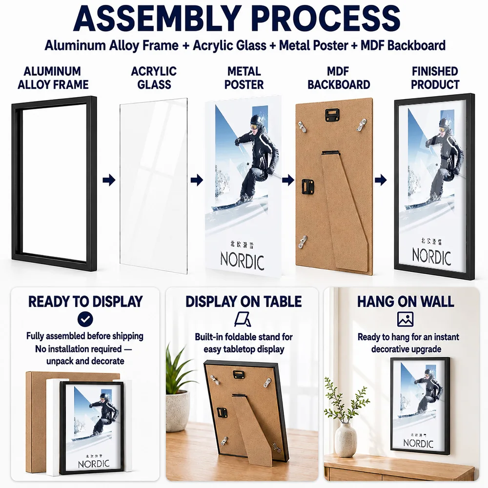 Nordic Skiing Adventure Framed Metal Poster Personalized Photo Scenic Mountain Style Wall Art For Ski Lodge Memorable Fan Gift