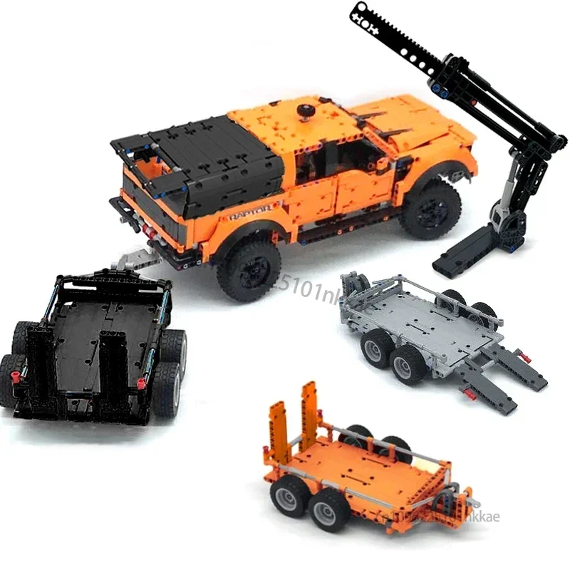 MOC F-150 Raptor Car Trailer Technical Hitch Crane Platform Hardtop Bumper Roofrack Building Blocks DIY Bricks Toy Gifts