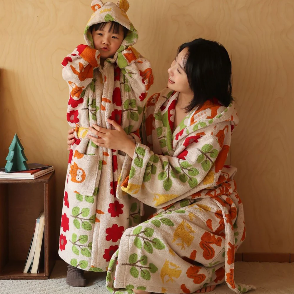 Autumn Winter Cotton Long Robe Adult Kids Terry Towel Hooded Kimono Bath Gown Thicken Warm Sleepwear Lounge Wear Loose Homewear