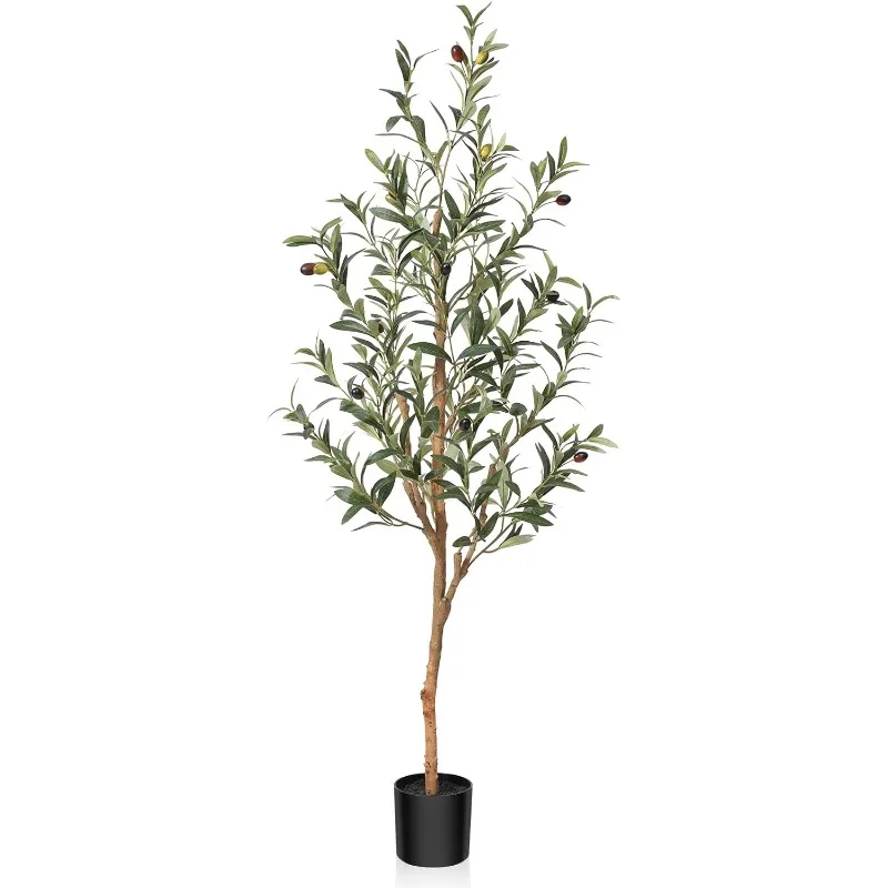 Artificial Olive Tree, 4FT Tall Fake Silk Plants with Natural Wood Trunk Faux Potted Tree