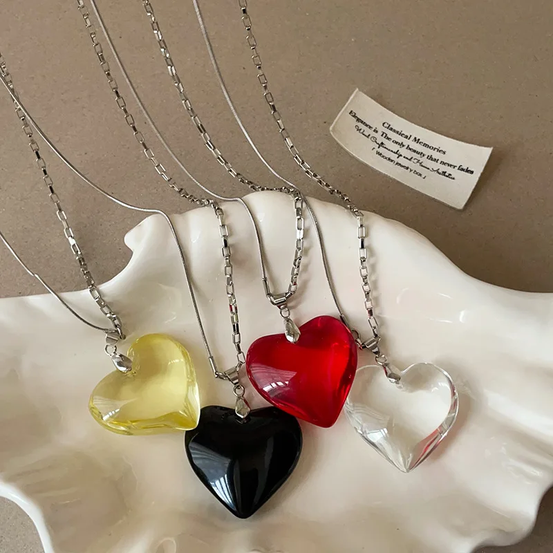 Minar na moda transparente vermelho preto amarelo vidro coração pingente colares para mulheres prata oco link corrente alternar fecho gargantilhas