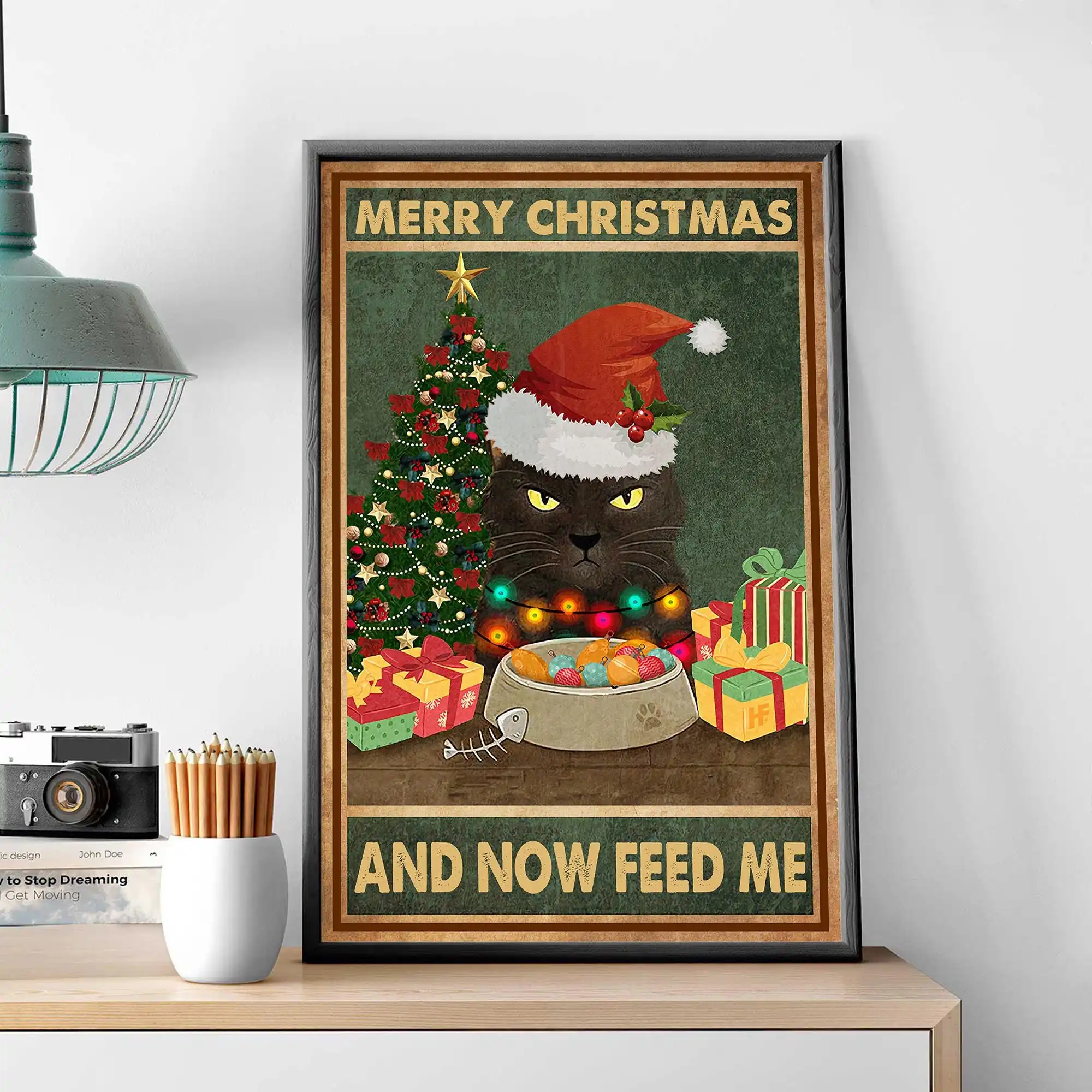 1pc frameless,Abstract Cat Merry Christmas and Now Feed Me Poster Funny Christmas Wall Art Poster Christmas Cozy Poster for Livi