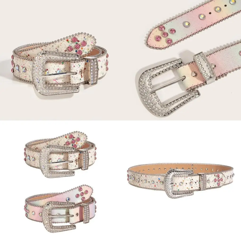 

39BD Rhinestones Belt for Women and Girl with Beaded Trim Glittering Belt for Jeans Pants Elegant Casual Wear Belt Waistband