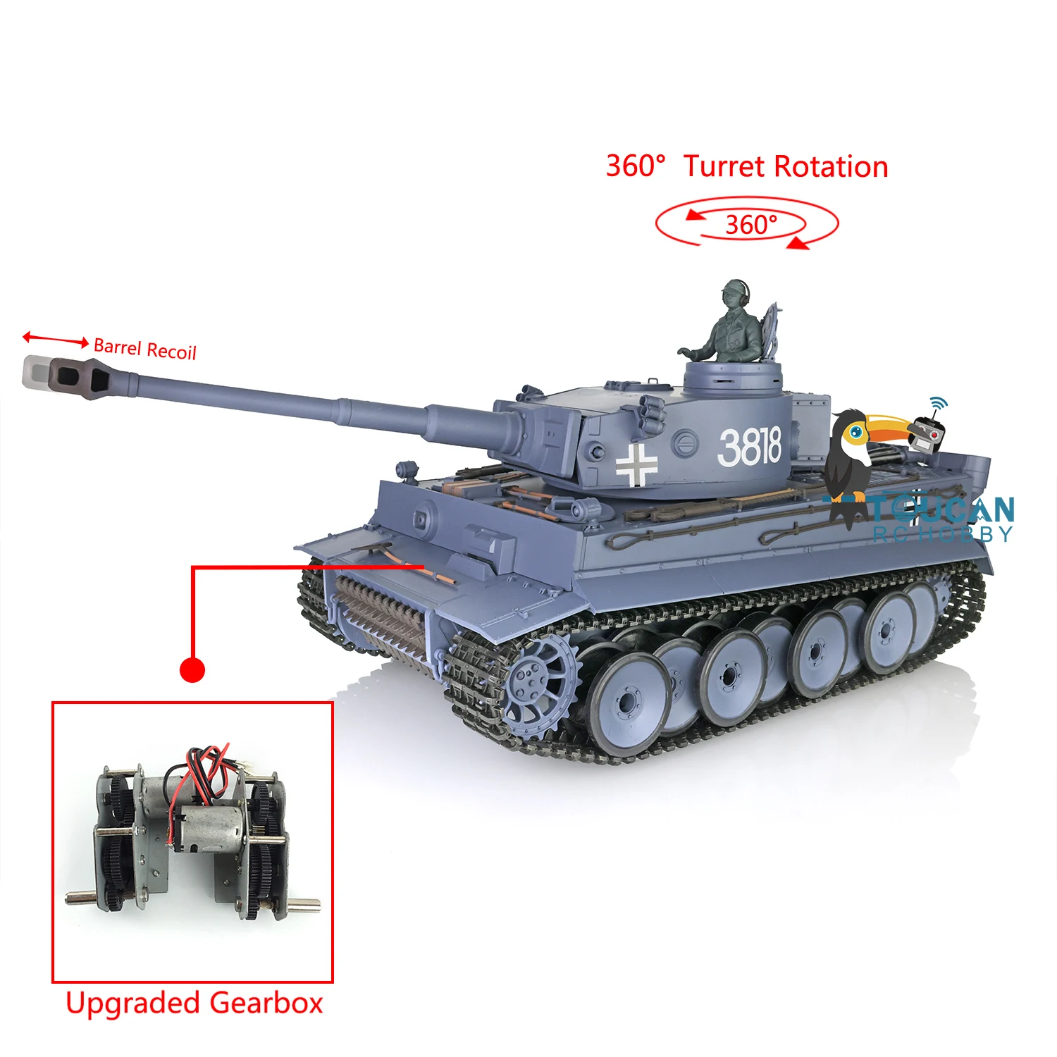 Regali all'aperto 1/16 HENG LONG 7.0 Plastic Tiger I Remote Control RC Tank 3818 W/ Steel Gearbox Barrel Recoil per ragazzi TH17237