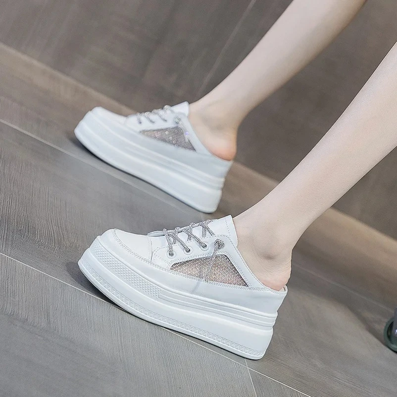 

2025 8cm Slides Sneakers Slip on Microfiber Leather Women Summer Shoes Wedge Fashion Air Mesh Glitter Platform Slippers