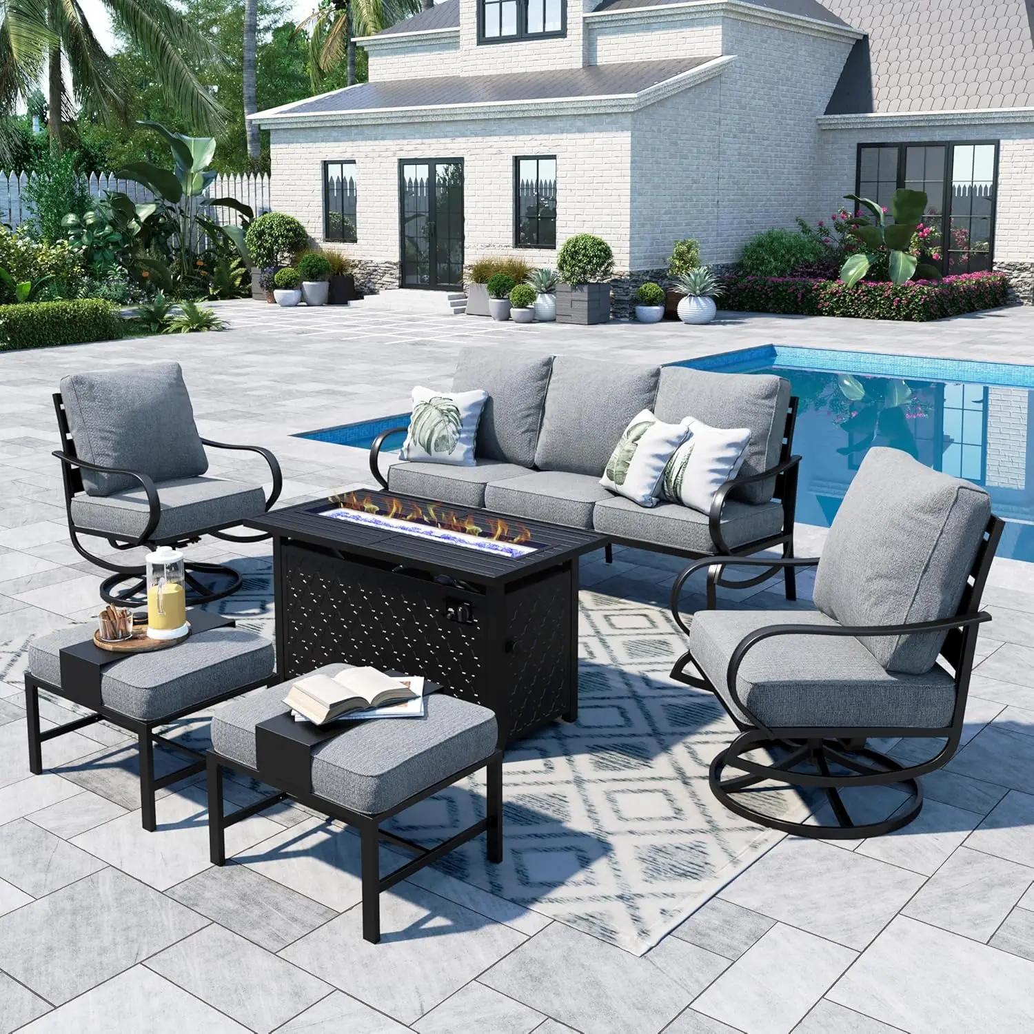 

Patio Furniture Sets With 45" Gas Fire Pit Table For 7 Outdoor Conversation Sets 6 Pcs, 2 X Swivel Cushioned Sofa, Customized