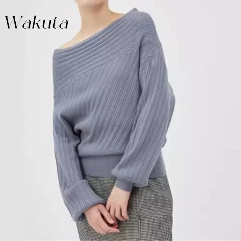 

WAKUTA Japanese Retro Romantic Fashion Slanted Shoulder One Neck Long Sleeve Knitted Sweaters Harajuku Retro Y2K Fairy Pullover