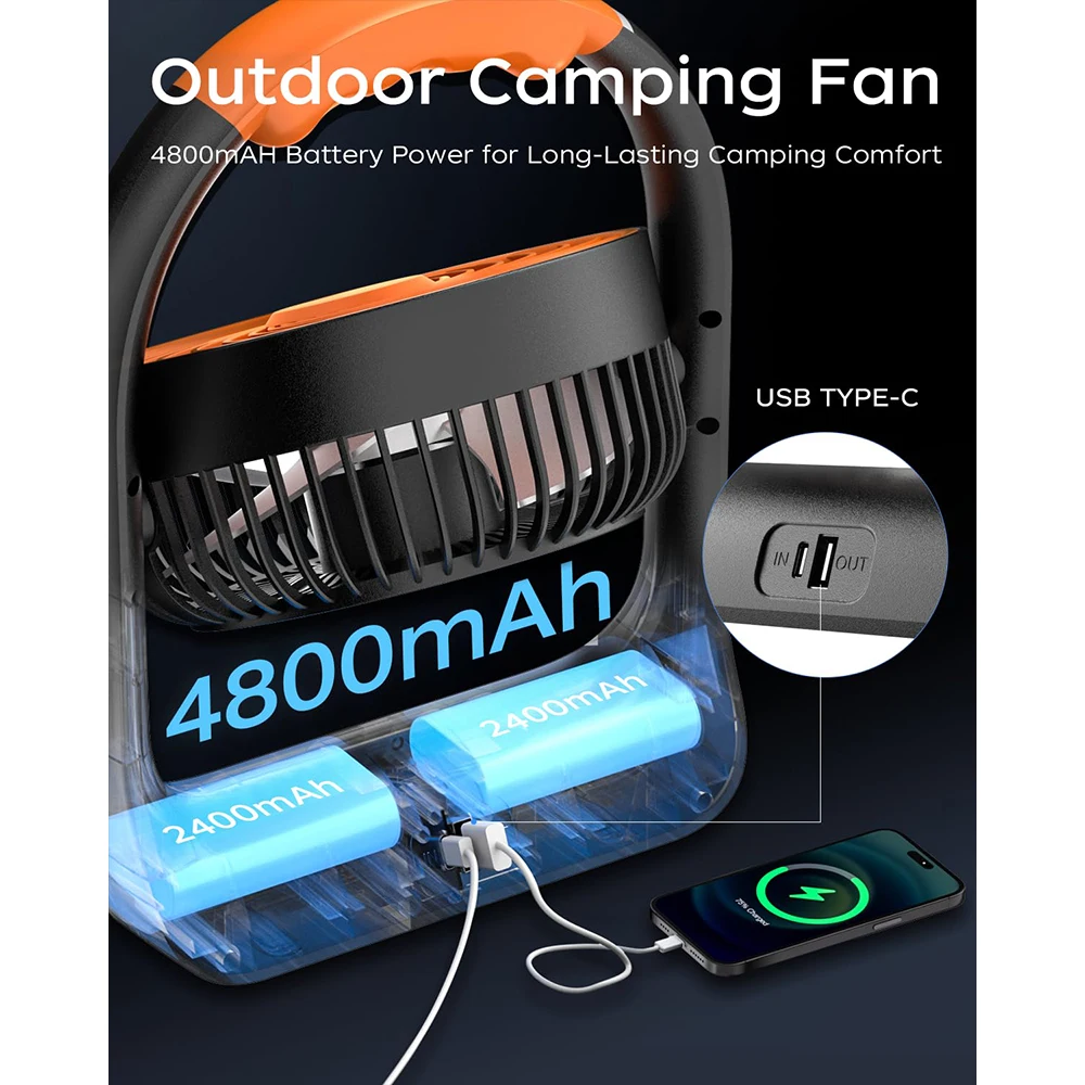 مروحة تخييم 3 سرعات قابلة للتعديل مروحة مكتب محمولة قابلة للشحن 360 درجة °   مروحة كهربائية قابلة للإمالة مع مروحة تبريد للوقت المحدد LED