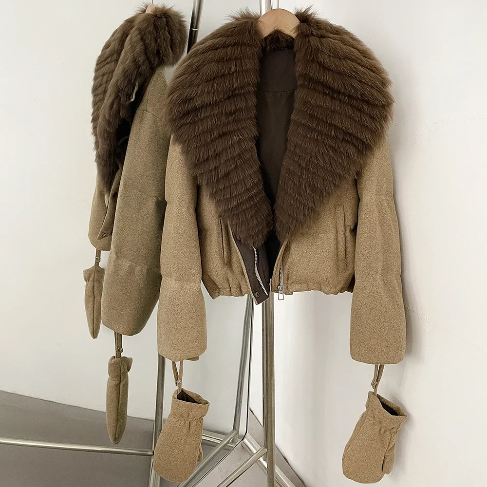 OFTBUY Kleidung mit echtem Pelzbesatz, neuer Daunenmantel mit abnehmbaren Handschuhen, kurze Damen-Woll-Daunenjacke mit echtem Fuchspelzkragen – Detail 19
