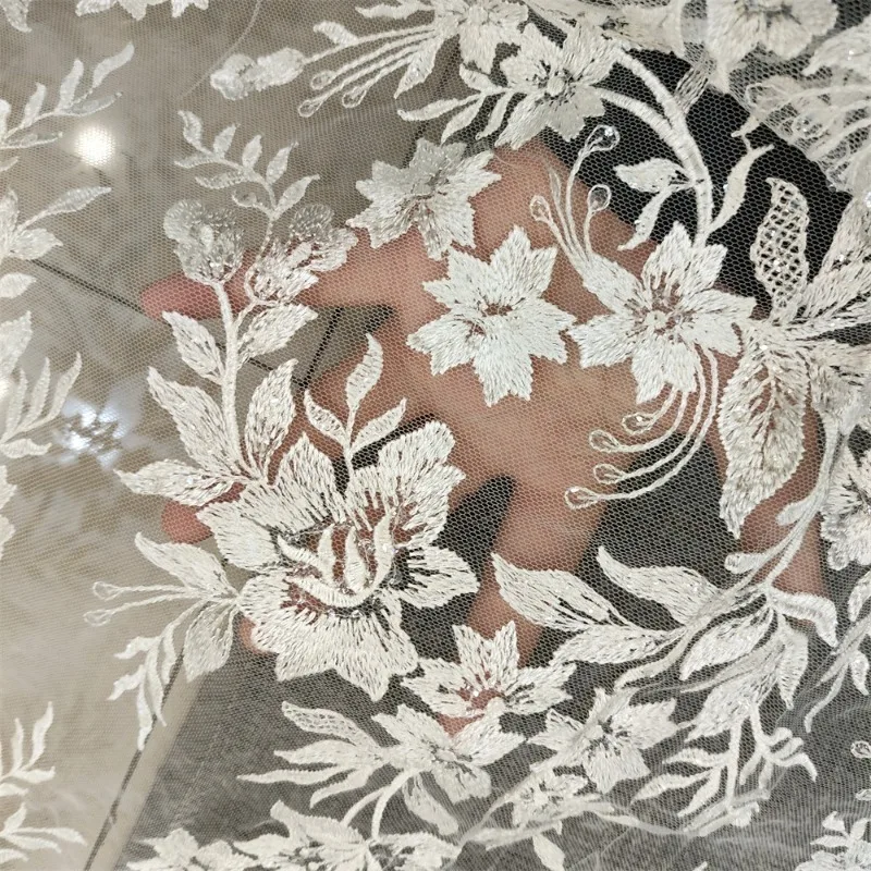 New Leaves Flowers Embroidery Lace Fabric, High-end Wedding  Clothing, Headscarf, Door Curtains, Handmade Decorative Accessories